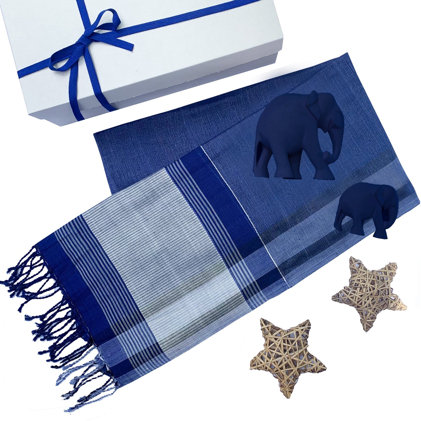 Gift Set Blue + 2 Blue Wooden Hand Crafted  Elephants + Hand Woven Shawl