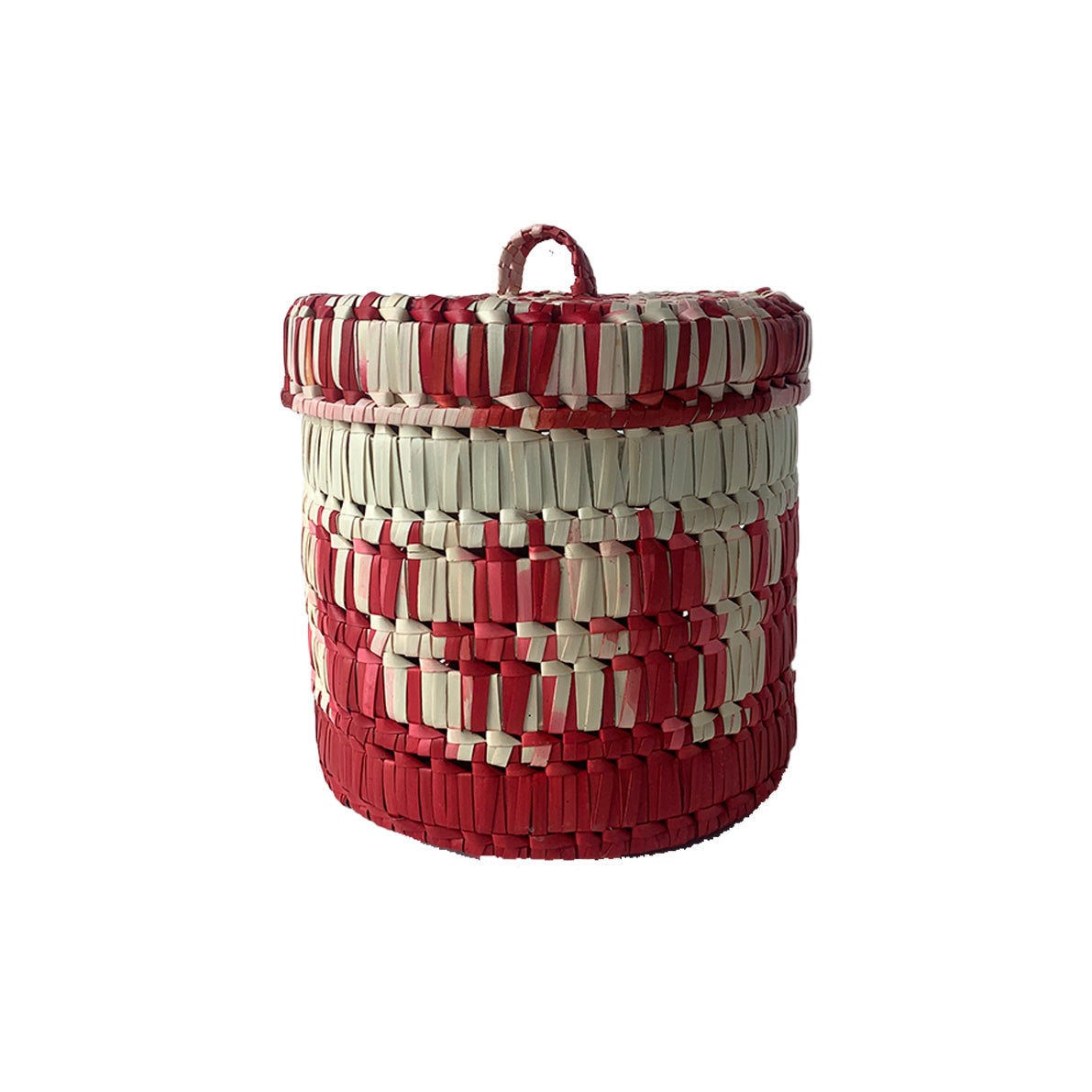 Handcrafted Palmyrah storage bin with cover - Red/Natural